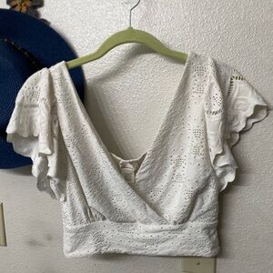 URBAN Romantics White Eyelet Wrap Crop Top with Flutter Sleeves